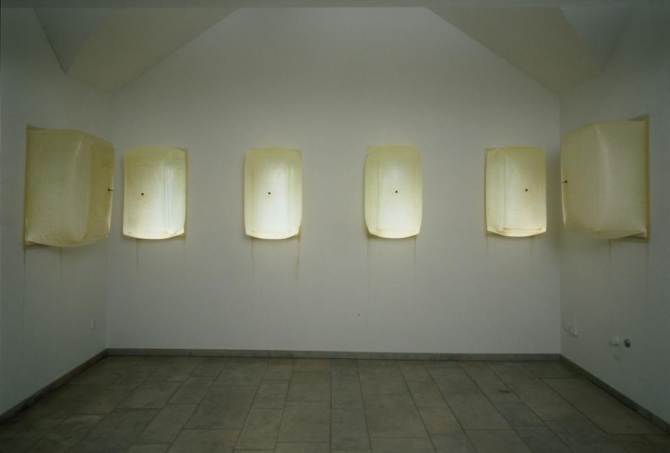 Gewächshaus, 1997,13 Fensternischen im Pavillon des Gerhard-Marcks-Hauses, mit Latexmilch bestrichen und aufgeblasen