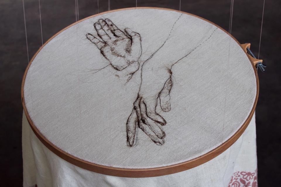 no title, 2015,head hair, white tablecloth, embroidery frame, yarn,144 x 127 cm