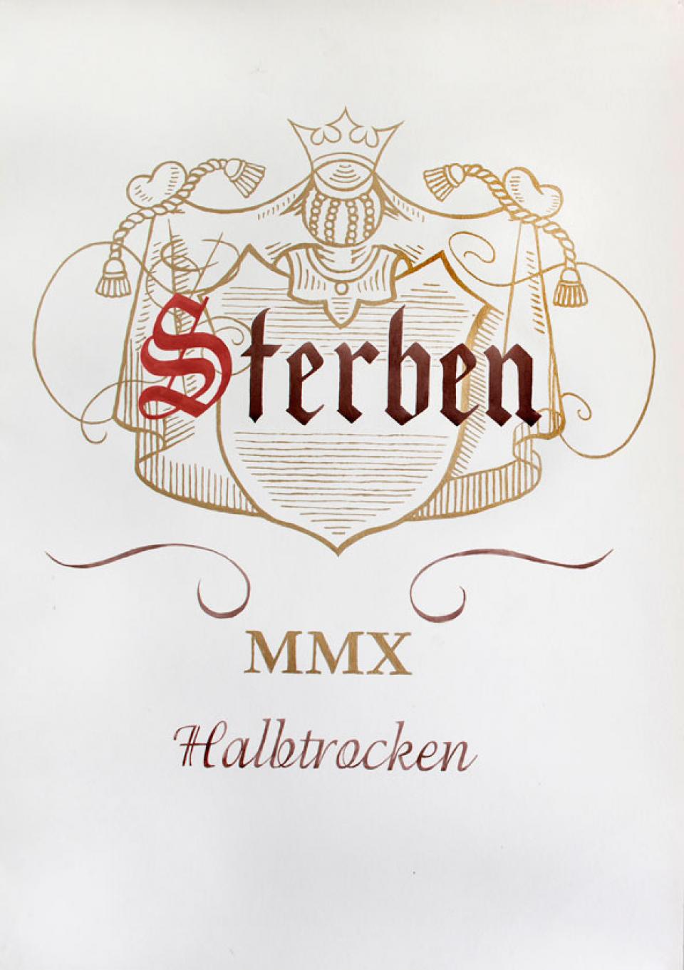 Sterben, 2010,red wine and gold on watercolour paper,100 x 70 cm 