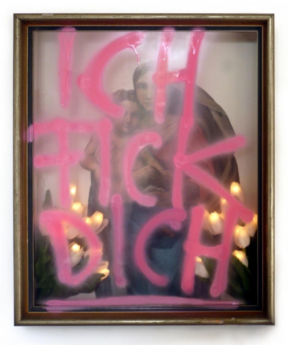 ICH FICK DICH, 2010 ,acrylic on hardboard, illuminated plastic tulips, glass pane with graffiti, showcase,83 x 69 x 13 cm